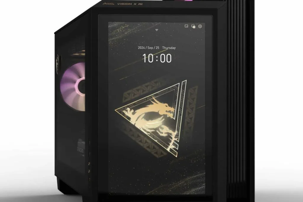 The MEG Vision X AI is MSI's flagship gaming desktop featuring a 13-inch touchscreen, AI-assisted temperature control, voice command support via Microsoft Copilot, and advanced hardware from Intel and NVIDIA, delivering unparalleled performance and usability.