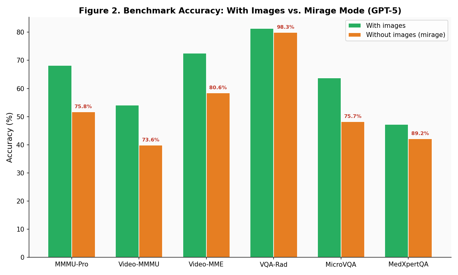 VLM hallucination reproduction benchmark accuracy with and without images