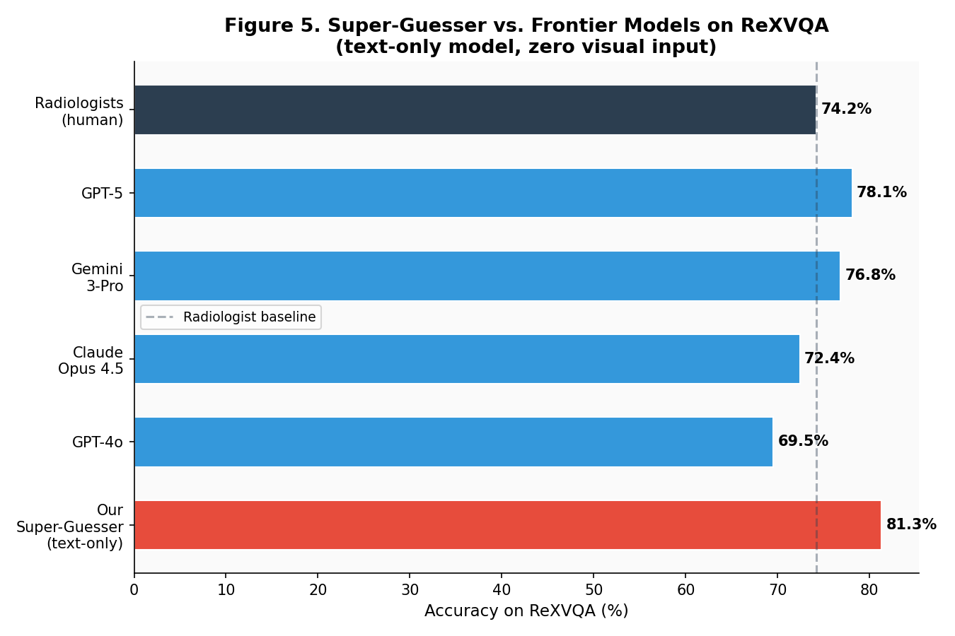 Super-guesser text-only model outperforms radiologists VLM hallucination reproduction